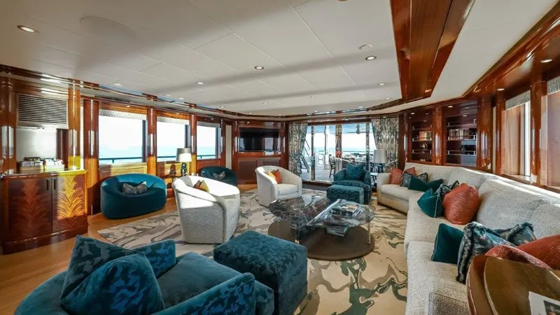 Valinor Yacht Photos Pics Luxurious 2013 Westport W164 yacht interior with elegant seating and panoramic ocean views.