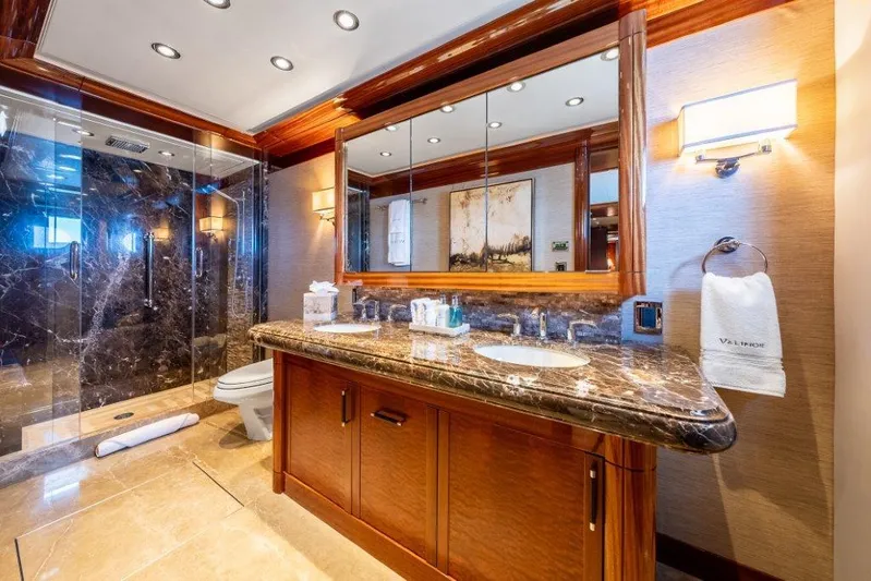 Valinor Yacht Photos Pics Luxurious yacht bathroom with marble countertops and glass shower, Westport W164, 2013 model.