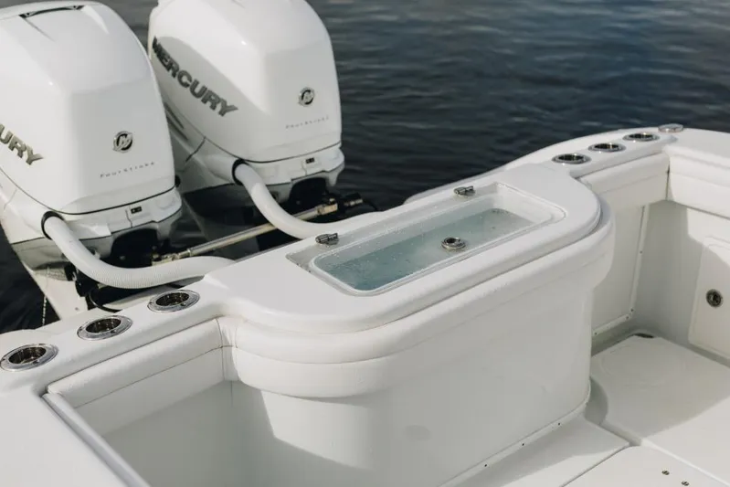 Lunasea Yacht Photos Pics 2023 Yellowfin 32 Offshore boat with dual Mercury engines, featuring a sleek white design.