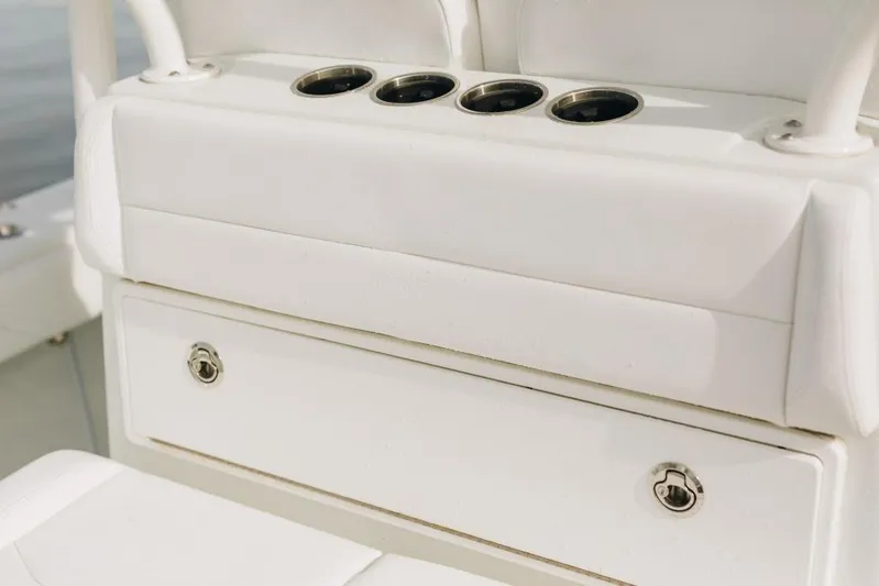 Lunasea Yacht Photos Pics 2023 Yellowfin 32 Offshore boat seating with cup holders and storage.