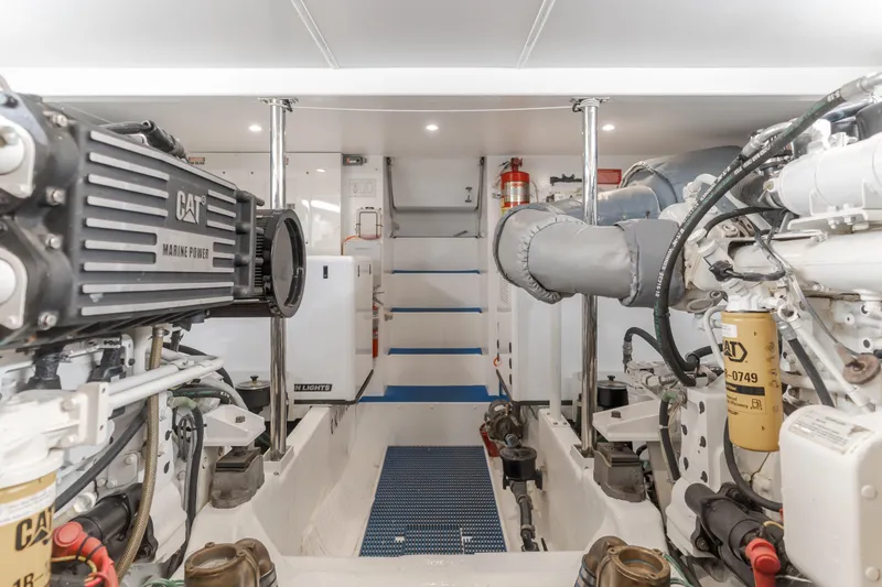  Yacht Photos Pics Engine room of 2006 West Bay 64 yacht with CAT marine power systems.