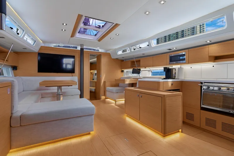 Estela Yacht Photos Pics Luxurious interior of 2017 Grand Soleil 52 Long Cruise yacht, featuring modern design and amenities.