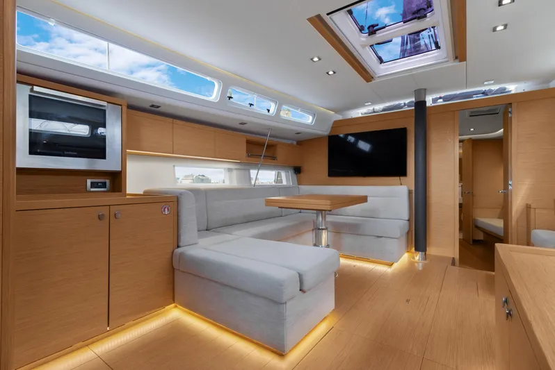 Estela Yacht Photos Pics Luxurious interior of 2017 Grand Soleil 52 Long Cruise yacht with modern furnishings.