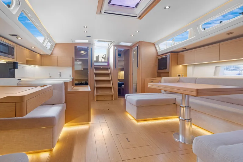 Estela Yacht Photos Pics Luxurious interior of 2017 Grand Soleil 52 Long Cruise yacht with modern furnishings.