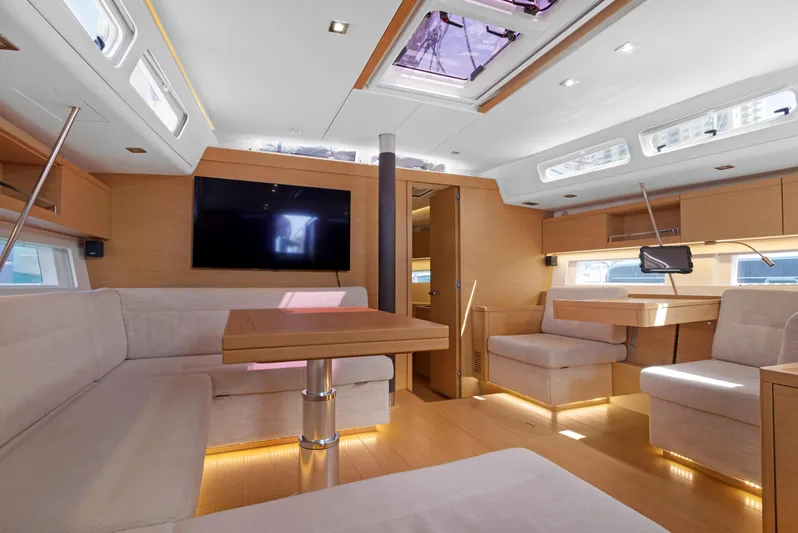 Estela Yacht Photos Pics Luxurious interior of 2017 Grand Soleil 52 Long Cruise yacht with modern furnishings.