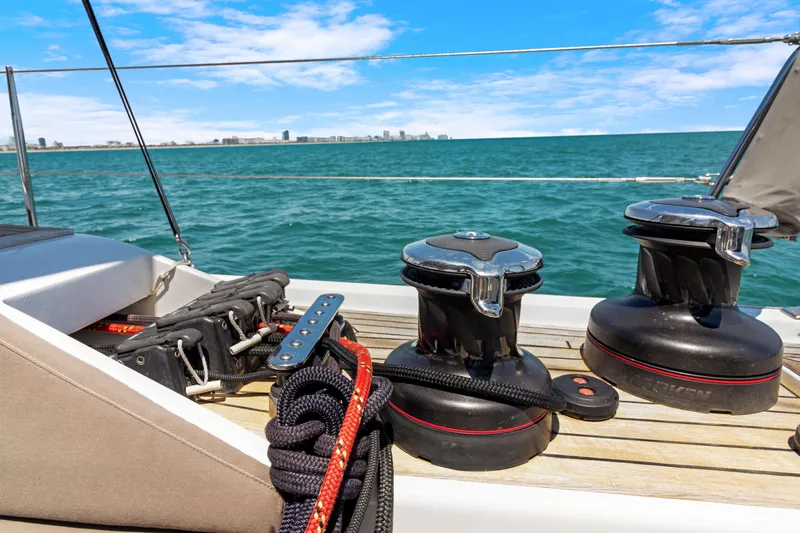 Estela Yacht Photos Pics Grand Soleil 52 Long Cruise yacht deck with winches, ropes, and ocean view, 2017 model.