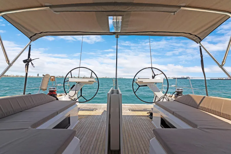 Estela Yacht Photos Pics Grand Soleil 52 Long Cruise 2017 yacht deck with dual steering wheels, ocean view.