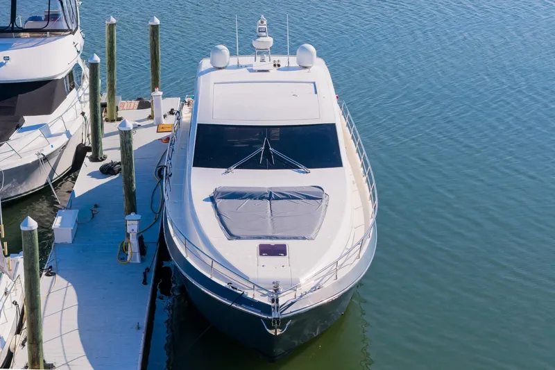 Balliamo Yacht Photos Pics Luxury 2011 Uniesse 55S yacht docked at marina, aerial view.