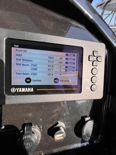  Yacht Photos Pics Yamaha display on 2020 Jeanneau NC 895 showing trip data and fuel usage.
