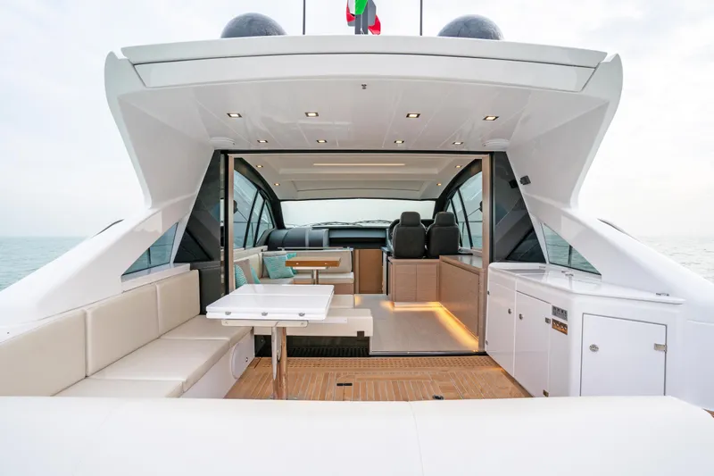 Filippetti S55 Yacht Photos Pics 2025 Filippetti Sport 55 yacht interior with modern seating and dining area.