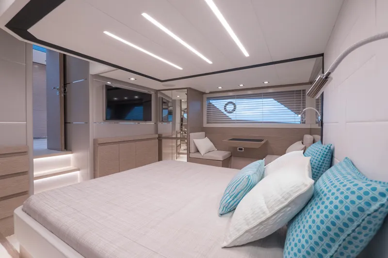 Filippetti S55 Yacht Photos Pics Luxurious interior of 2025 Filippetti Sport 55 yacht with modern design and ambient lighting.