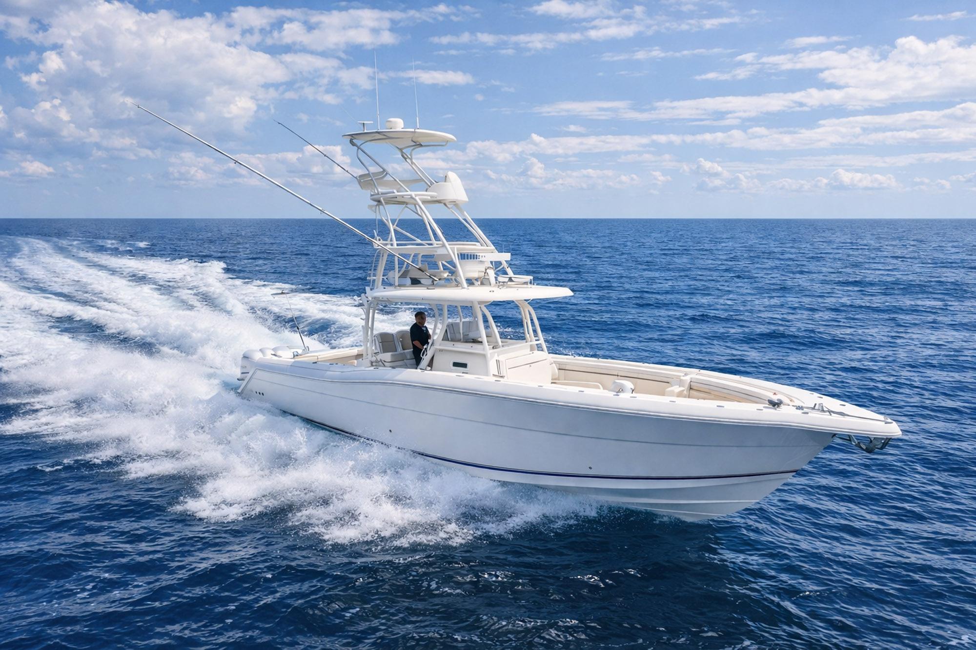 2019 Stamas 390 Tarpon cruising on open ocean under clear skies.
