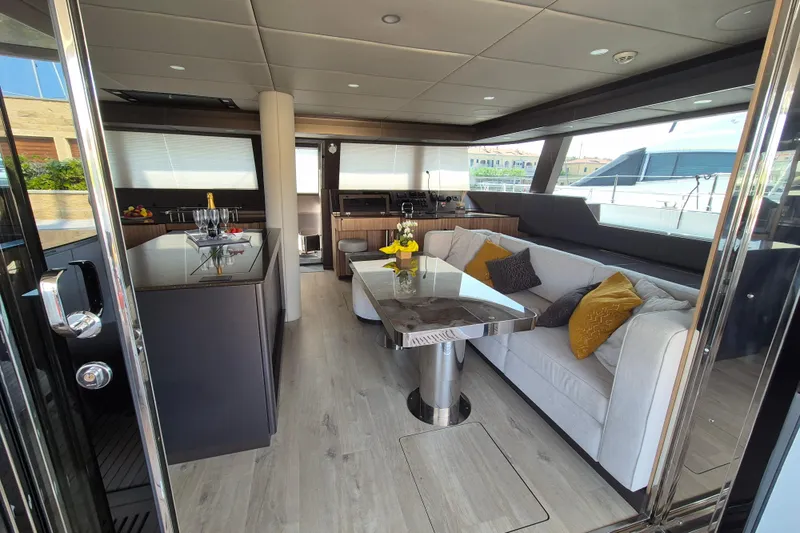 Alemys Yacht Photos Pics Luxurious interior of 2023 Sunreef 50 yacht with modern furnishings and elegant decor.