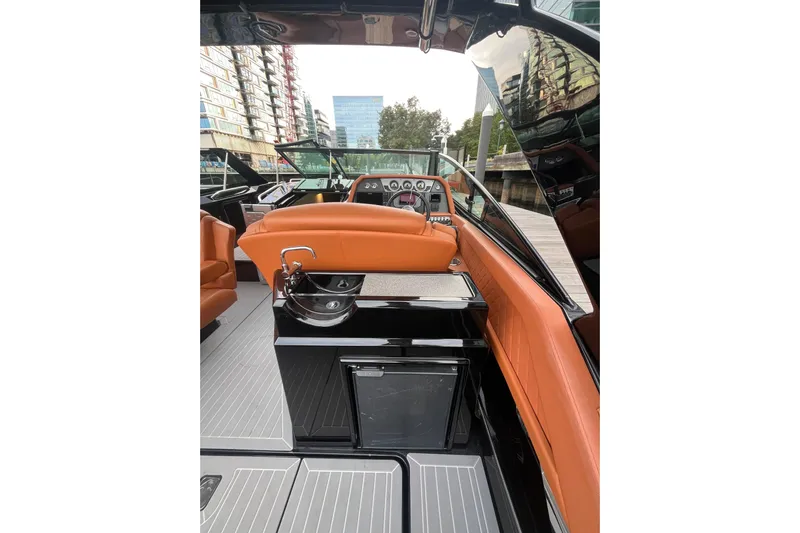  Yacht Photos Pics 2022 Cruisers Yachts 338 South Beach Edition Bow Rider interior with luxurious seating and sleek design.