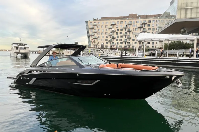  Yacht Photos Pics 2022 Cruisers Yachts 338 South Beach Edition Bow Rider in marina setting.