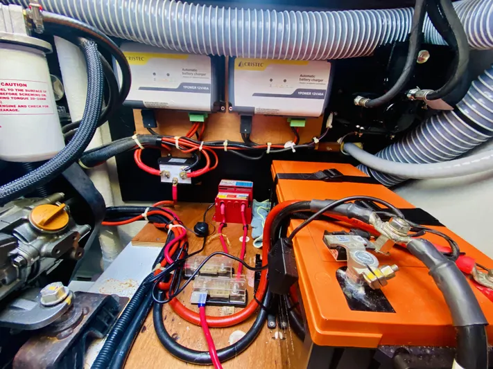 No Schedule Yacht Photos Pics Electrical system of a 2019 Lagoon 42 Owners Version yacht, featuring wiring and components.