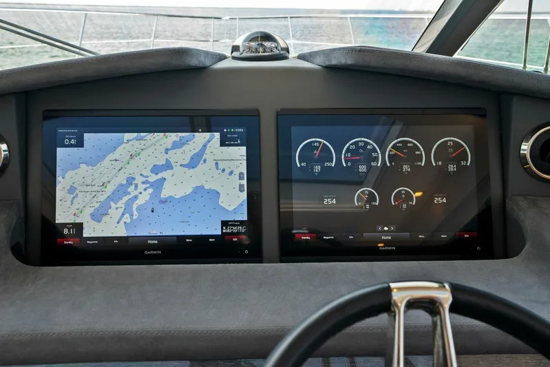Gia Yacht Photos Pics Dashboard of 2021 Riviera 5400 Sport Yacht with navigation and engine displays.