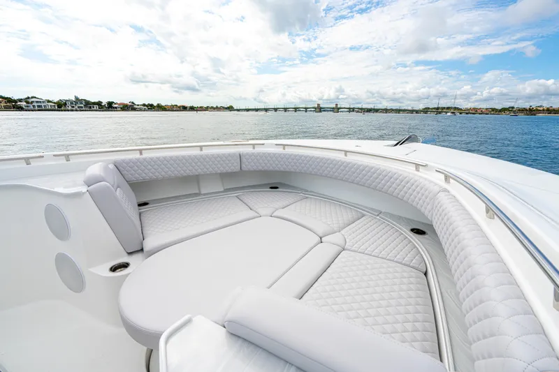  Yacht Photos Pics Luxurious seating on the 2026 HCB 56 Suenos GIX yacht, with scenic water view.