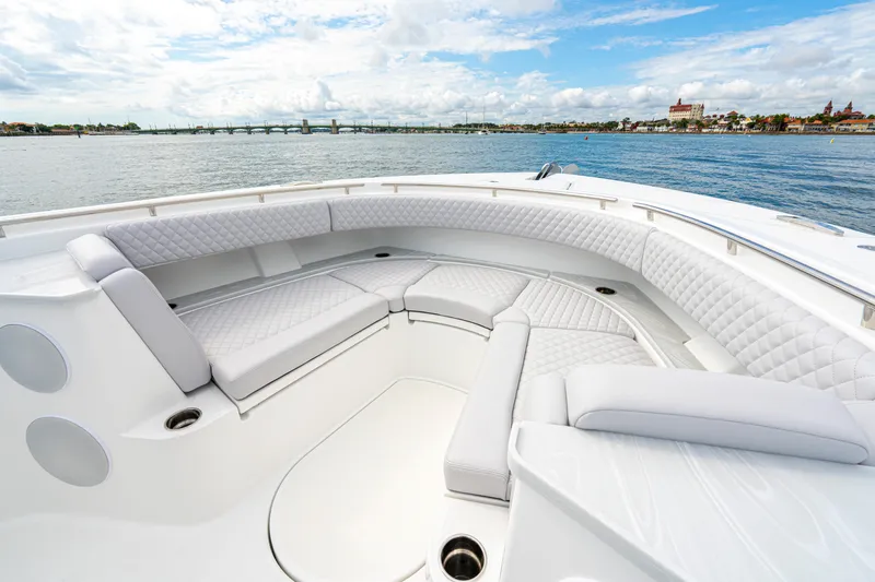  Yacht Photos Pics Luxurious seating on the 2026 HCB 56 Suenos GIX yacht, with scenic waterfront view.