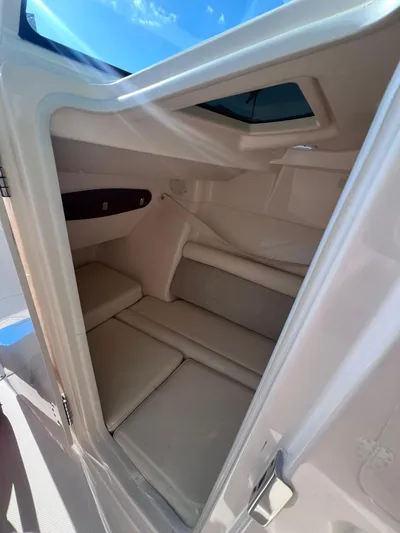  Yacht Photos Pics 2023 Grady-White Freedom 325 cabin interior with cushioned seating and skylight.