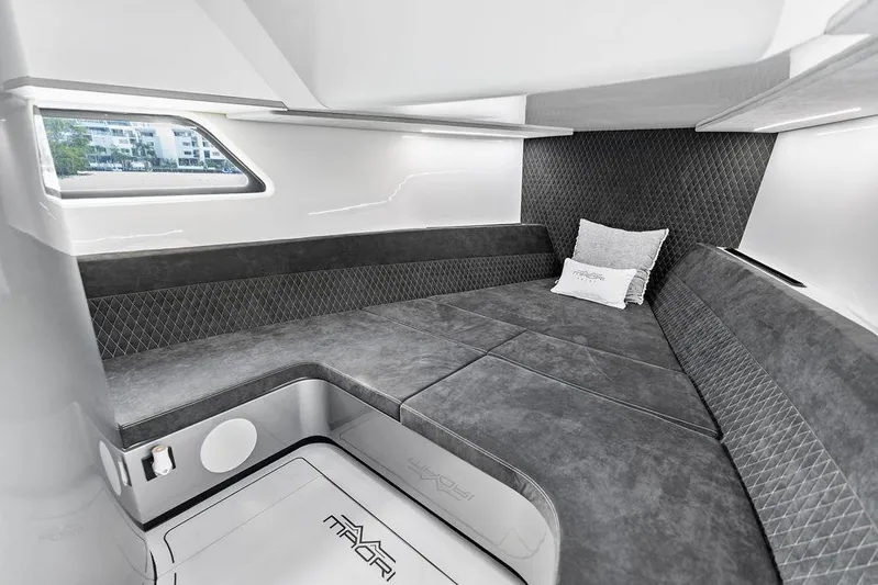 Mako Yacht Photos Pics Luxurious interior of 2024 Maori M46 yacht with sleek, modern design and comfortable seating.