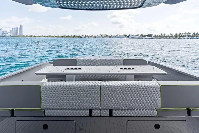 Mako Yacht Photos Pics Luxury seating on 2024 Maori M46 yacht with ocean view.