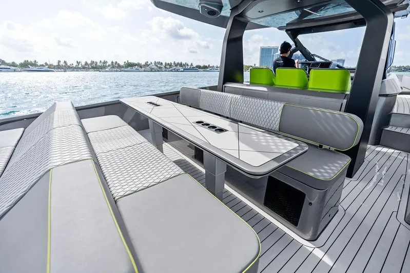 Mako Yacht Photos Pics 2024 Maori M46 yacht interior with modern seating and ocean view.