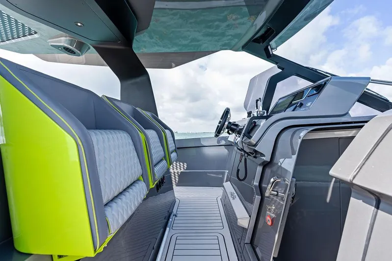 Mako Yacht Photos Pics 2024 Maori M46 boat interior with modern seating and advanced cockpit design.