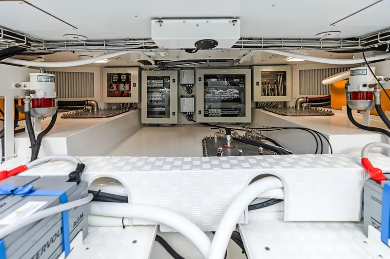Mako Yacht Photos Pics 2024 Maori M46 engine room showcasing advanced electrical systems and components.