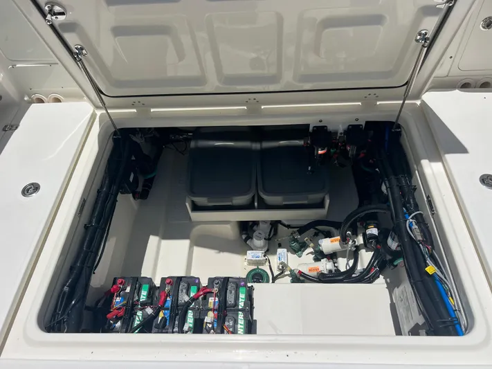  Yacht Photos Pics 2017 Boston Whaler 350 Outrage engine compartment with batteries and wiring.
