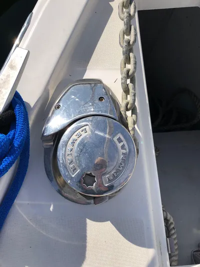 Hydrobaby3 Yacht Photos Pics Anchor windlass on 2019 Beneteau Oceanis 51.1 yacht deck with chain and rope.