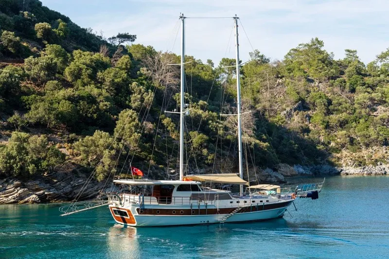  Yacht Photos Pics Elegant 2022 Gulet 24m yacht anchored in scenic, lush coastal waters.