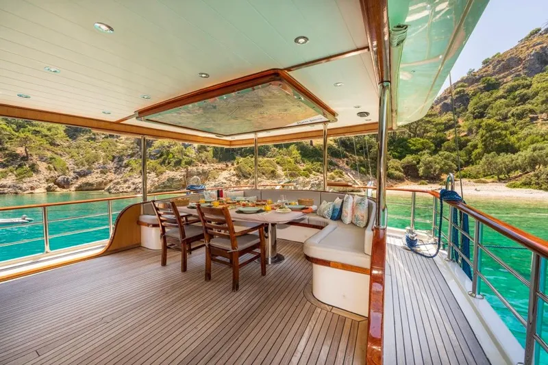  Yacht Photos Pics Luxurious 2022 Gulet 24m yacht deck with dining area, overlooking serene turquoise waters.