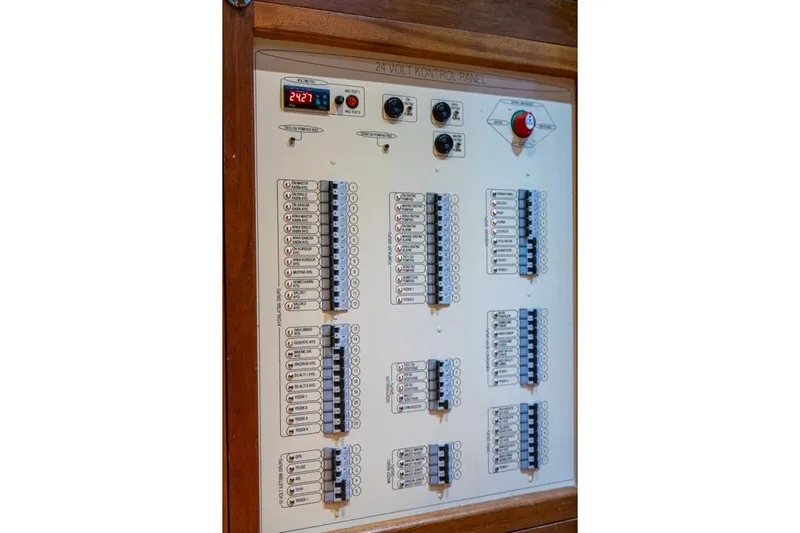  Yacht Photos Pics Electrical control panel on a 2022 Gulet 24 m yacht, featuring switches and indicators.