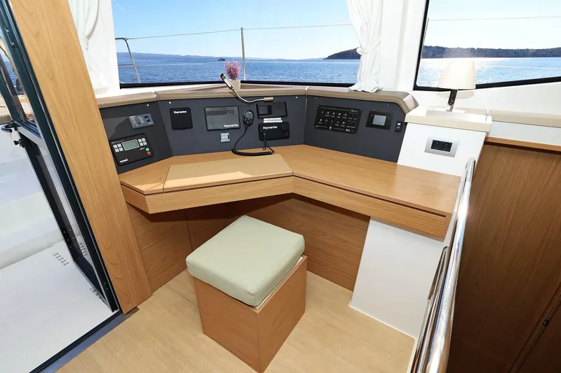 Belle Amie Yacht Photos Pics Modern Bali 4.6 yacht interior helm station with ocean view, 2025 model.