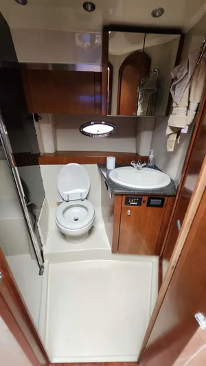 Yacht Photos Pics 2008 Cruisers Yachts 420 Express bathroom with toilet, sink, and shower.