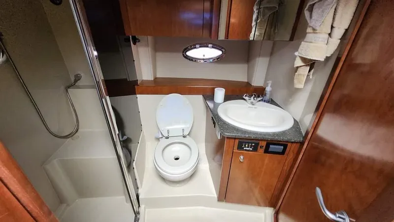  Yacht Photos Pics 2008 Cruisers Yachts 420 Express bathroom with shower, toilet, and sink.