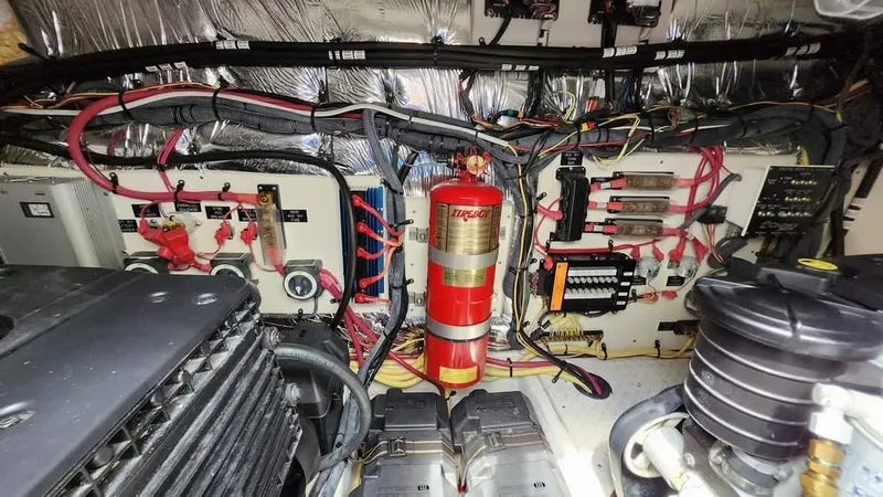 Yacht Photos Pics Engine room of 2008 Cruisers Yachts 420 Express with wiring and fire extinguisher.