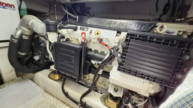  Yacht Photos Pics Engine compartment of a 2008 Cruisers Yachts 420 Express, showcasing mechanical components.