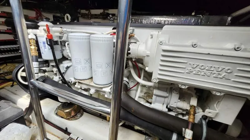  Yacht Photos Pics Engine compartment of 2008 Cruisers Yachts 420 Express with Volvo Penta engine.