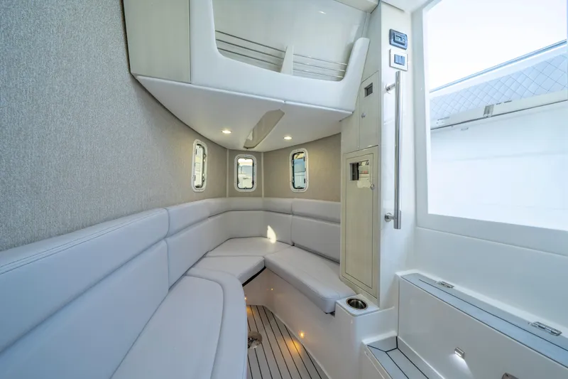  Yacht Photos Pics Luxurious interior of 2026 HCB 42 Lujo boat with modern seating and sleek design.