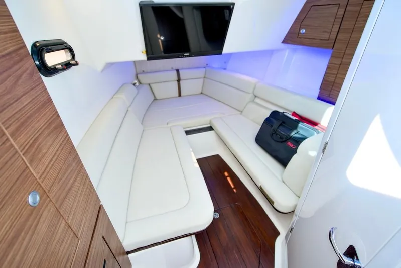 350 Realm Yacht Photos Pics Luxurious interior of 2019 Boston Whaler 350 Realm with plush seating and modern amenities.