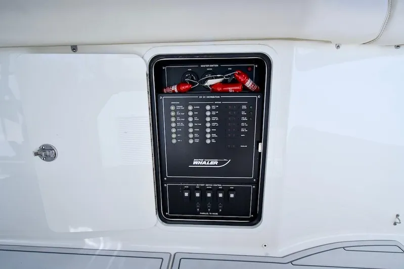 350 Realm Yacht Photos Pics Control panel of 2019 Boston Whaler 350 Realm boat, featuring switches and indicators.
