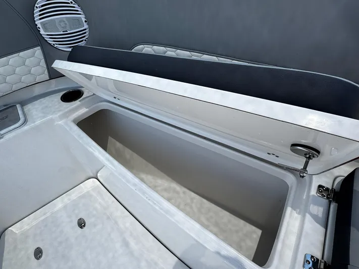  Yacht Photos Pics 2024 Sea Pro 322 DLX boat storage compartment with speaker detail.
