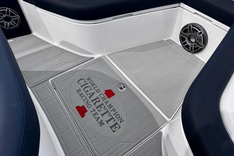  Yacht Photos Pics Interior of Cigarette 42' Auroris 2025 with Racing Team logo.