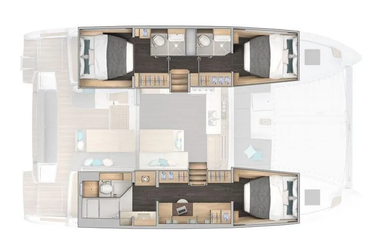  Yacht Photos Pics 2025 Lagoon 43 yacht interior layout with bedrooms, bathrooms, and living area.