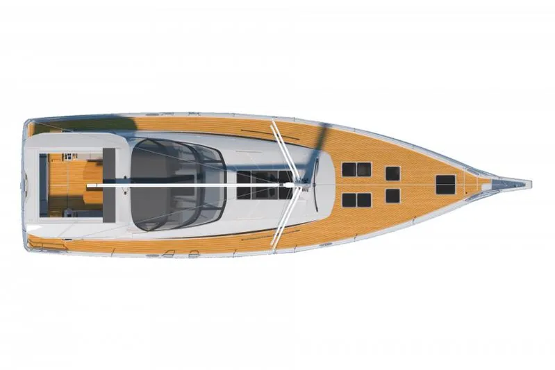 Yachting Conseil Yacht Photos Pics Top view of 2023 Jeanneau 60 yacht, showcasing sleek design and spacious deck layout.