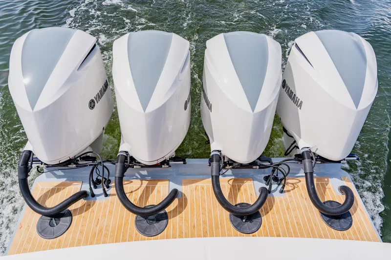  Yacht Photos Pics Four Yamaha outboard engines on a 2018 Regulator 41 boat, viewed from above.