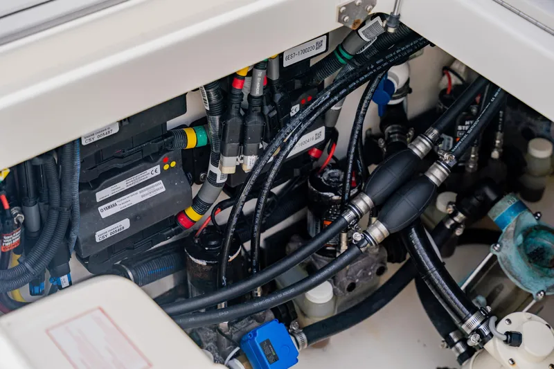  Yacht Photos Pics Engine compartment of 2018 Regulator 41 boat with Yamaha components and wiring.