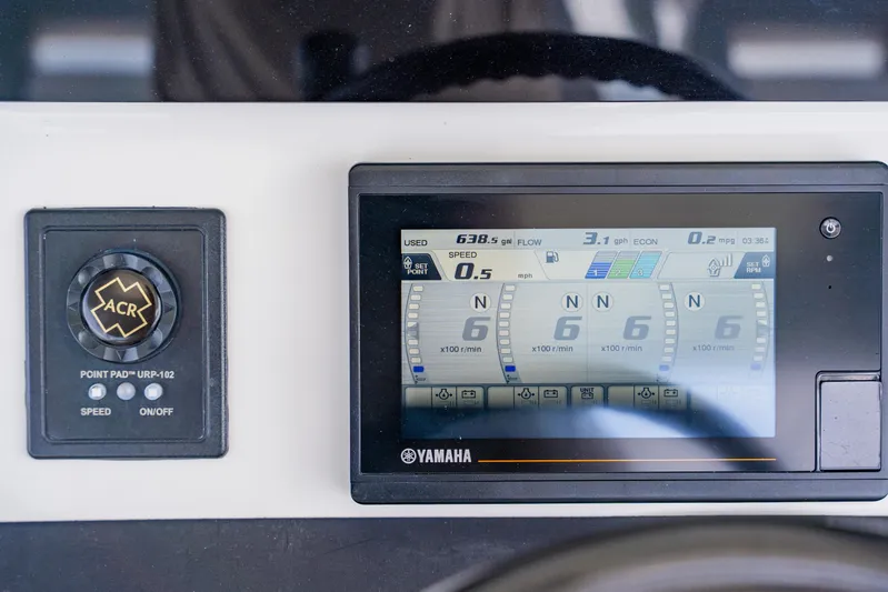  Yacht Photos Pics Control panel of a 2018 Regulator 41 boat with Yamaha display and ACR controls.